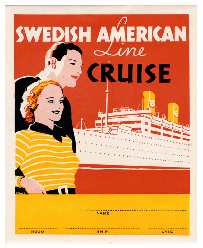 A man and a woman stand in front of the Stockholm ocean liner; red, yellow, white, black