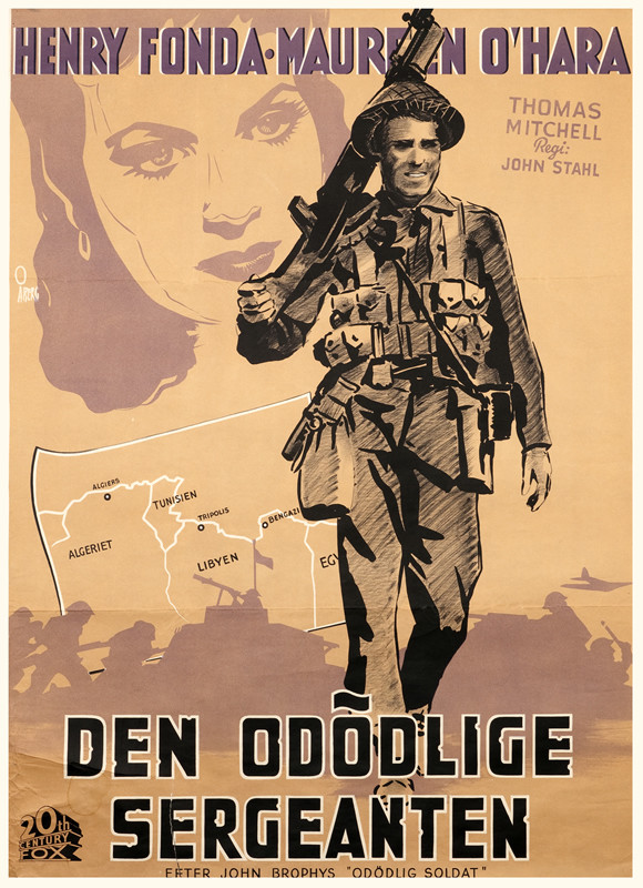 Henry Fonda as soldier, map of North Africa, Maureen O'Hara's face; gray, brown, tan