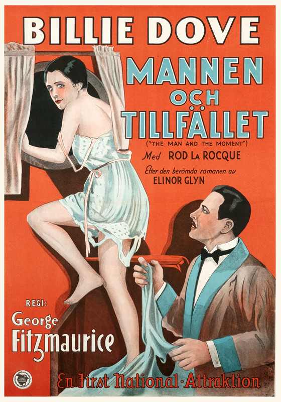 Billie Dove escapes out of window in her lingerie, suitor looks after her; red, blue, white