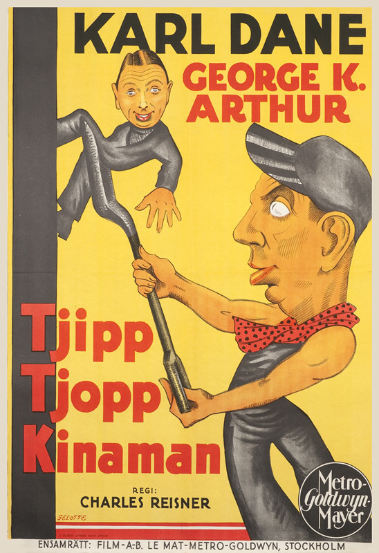 Gigantic, caricatureized Karl Dane wears workman's clothes, hoists George Arthur up a wall; black, yellow, red