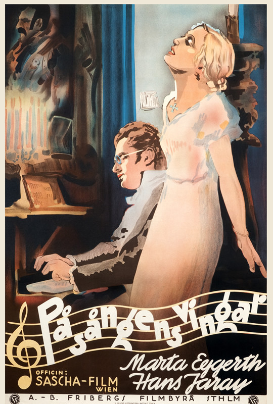 Woman stands enthralled listening to young Schubert playing the piano and composing; blue, brown, gray
