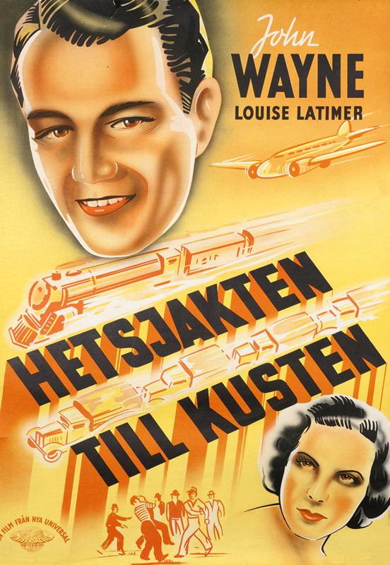 Heads of John Wayne and Louise Latimer, trains and trucks racing between text; yellow, orange, black