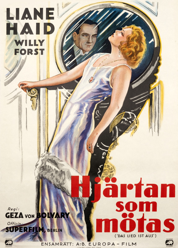 Elegant woman leans back thoughtfully, man's face reflected in mirror next to her; black, yellow, gray