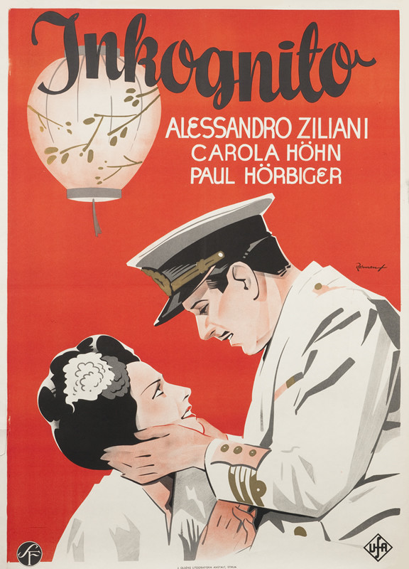 Naval officer in uniform holds face of Japanese woman in traditional dress under lantern; red, black, white