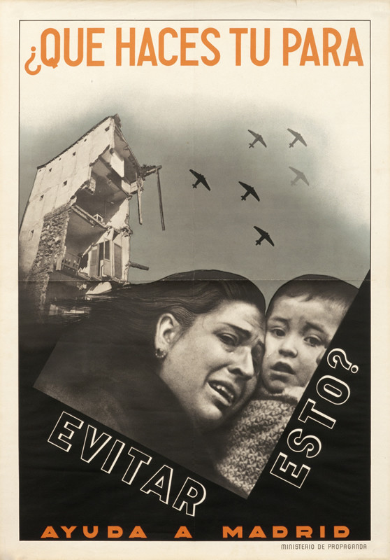 Woman in tears holds child as bombers destroy city; black, white, red
