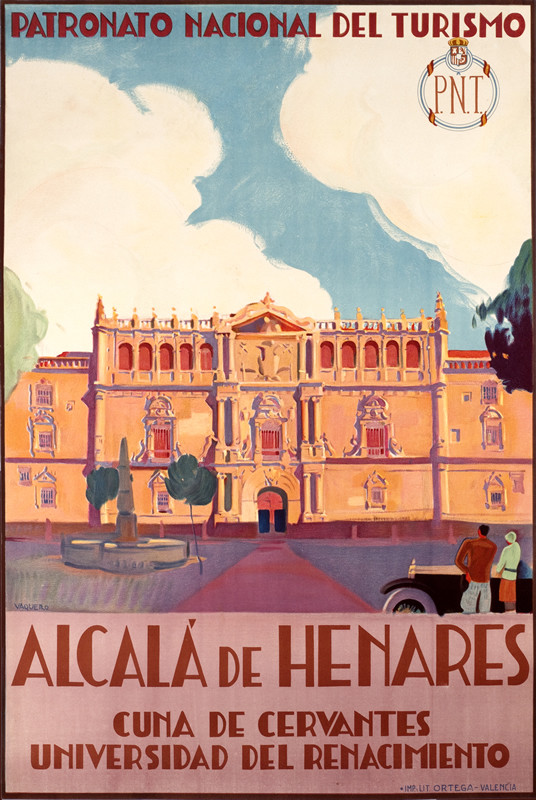 View of facade of the old Alcala University, couple with car; purple, pink, blue, pastel