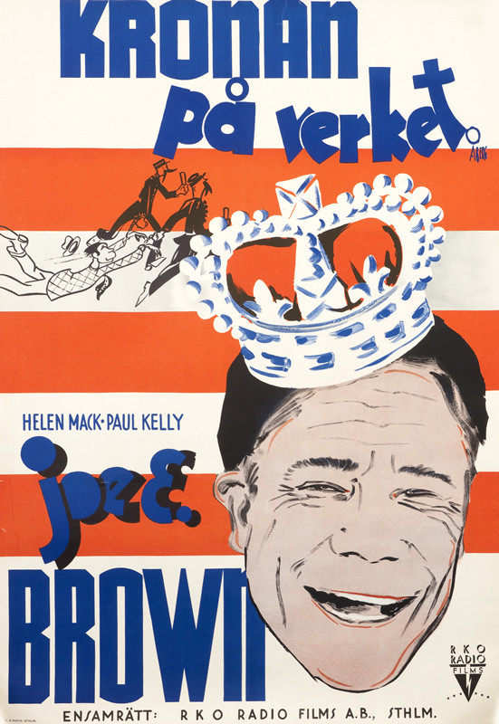 Joe E. Brown laughing with crown on his head, cartoon capers behind; blue, red, white