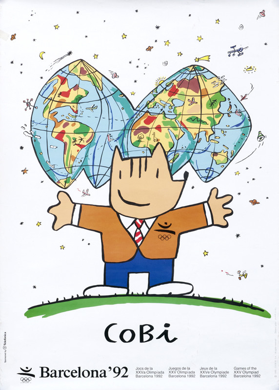 Cobi "Olympic Cat" with earth map; red, green, pink, beige