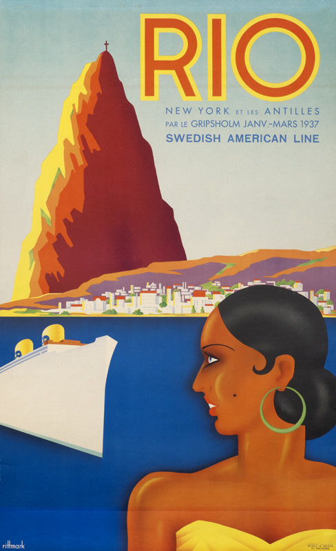 Brazilian Beauty with Gripsholm ocean liner and Sugar Loaf Mountain in distance; blue, yellow, red