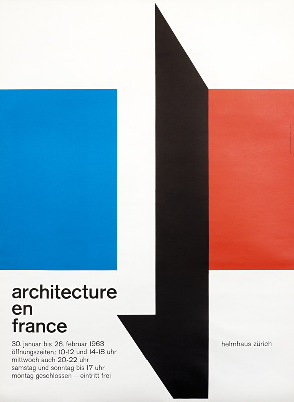 Abstract arrow pointing downwards; red, blue, black, white