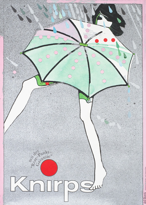 Woman's head and legs visible behind umbrella, rain, pink, green, silver