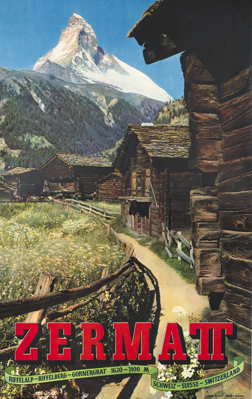 Photo of rustic log cabins, flowery fields, foothills, Matterhorn to rear; green, blue, brown, red