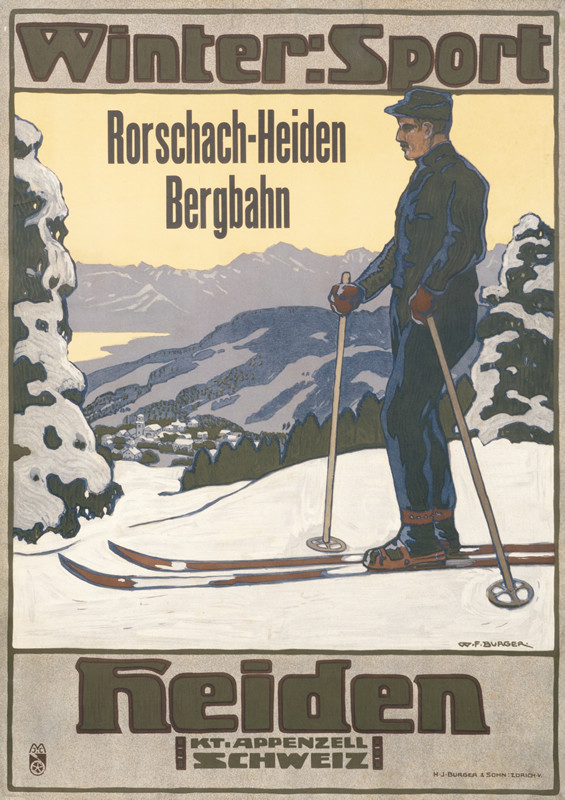 Skier regards mountains and valley; yellow, purple, brown