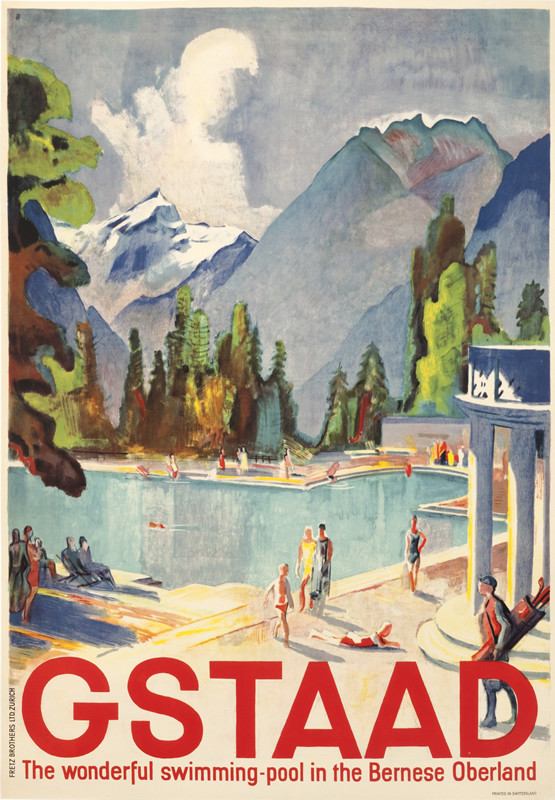 Mountain scene with swimming pool and vacationers; blue, red, green