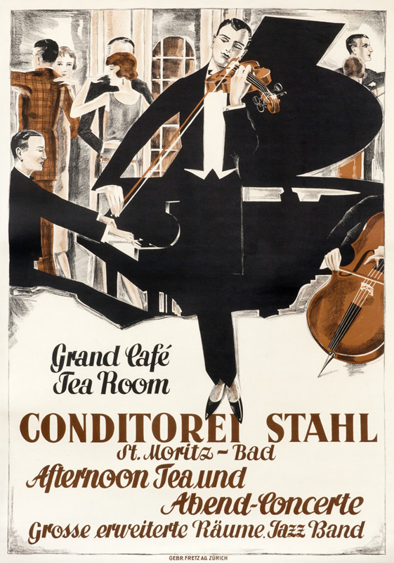 Violinist and pianist play, elegant dancers in tea room; brown, black, white