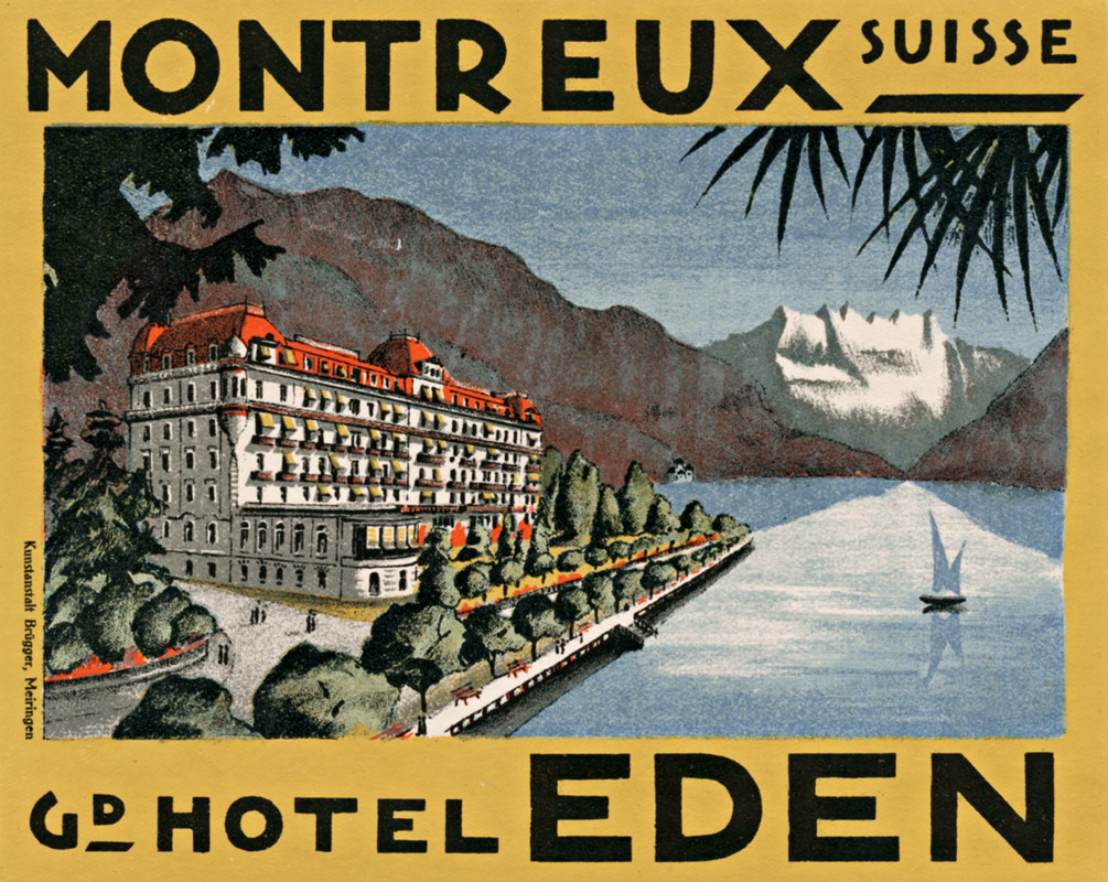 View of hotel and lake; yellow, black, blue