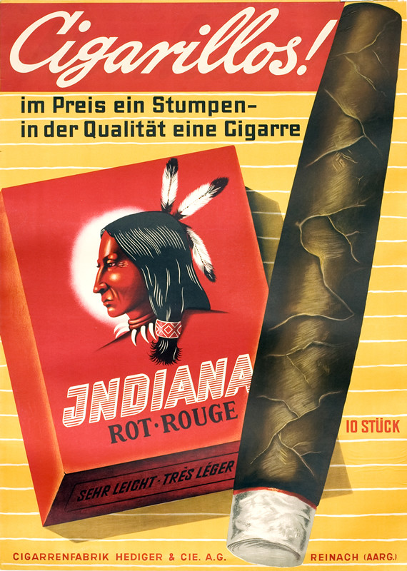Cigar and box with image of Indian on it; red, yellow, brown