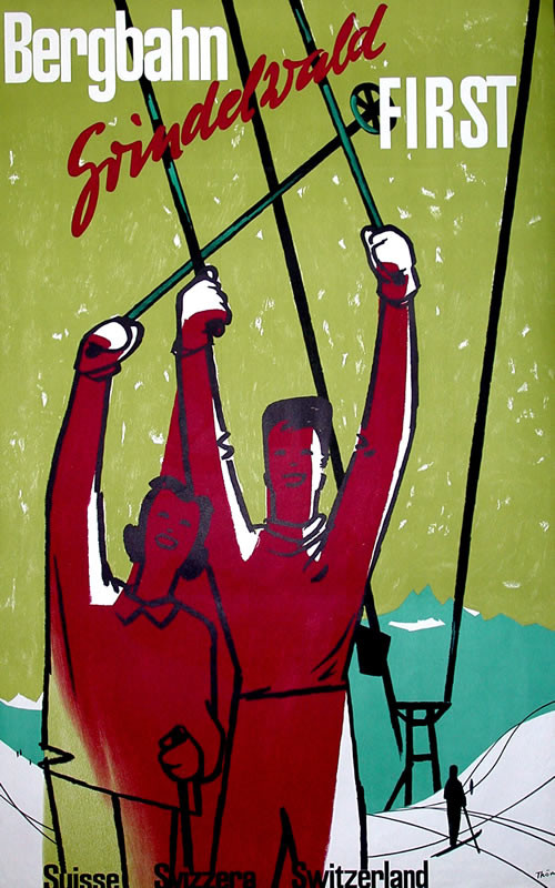 A couple waves their ski poles on slopes; green, red