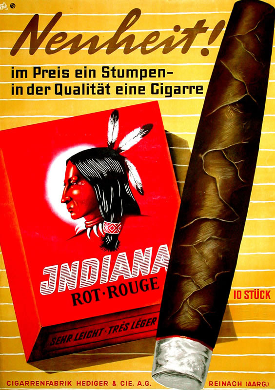 Cigar and box with Indian; yellow, red, brown