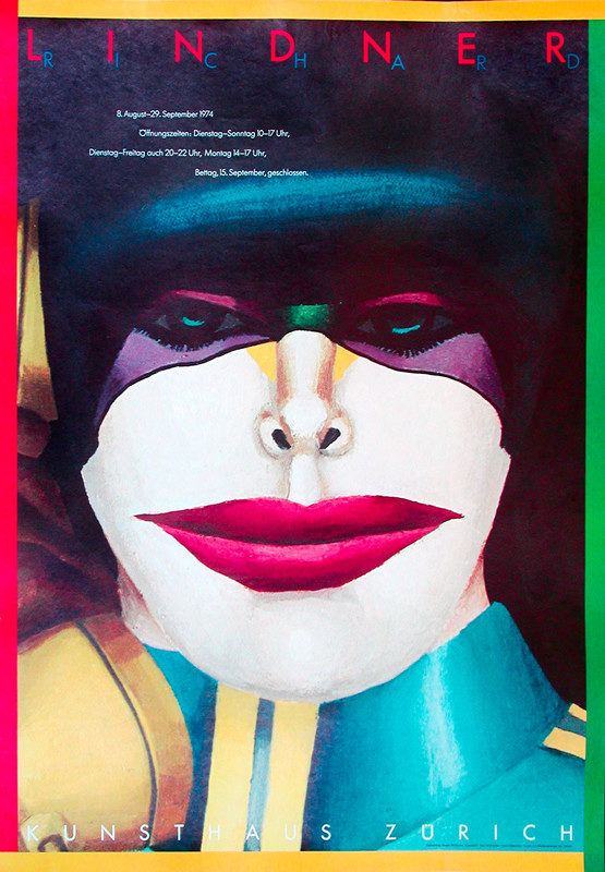 WOMAN'S HEAVILY MADE-UP FACE, LIPS EMPHASIZED; YE, BLUE, RED