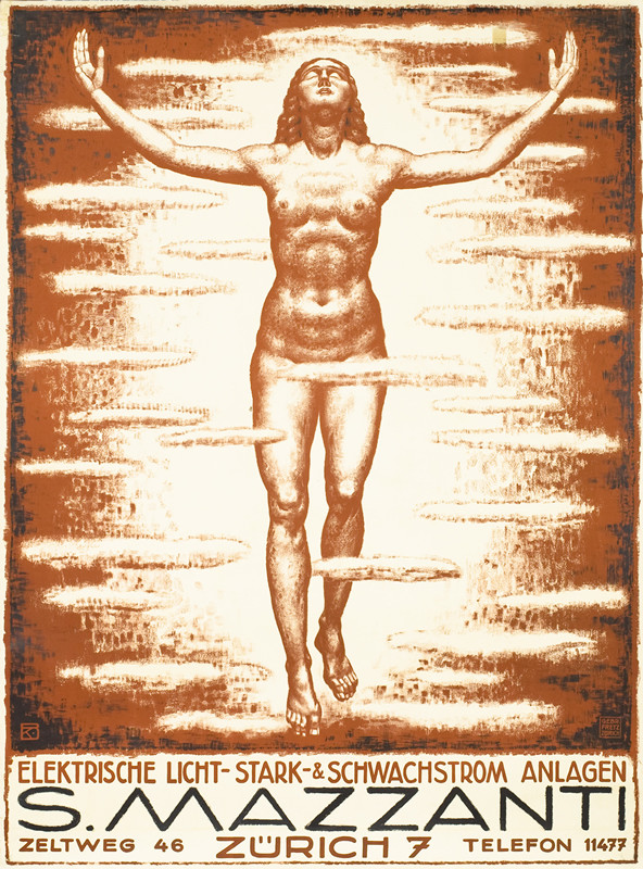 naked woman in clouds with arms raised; sepia