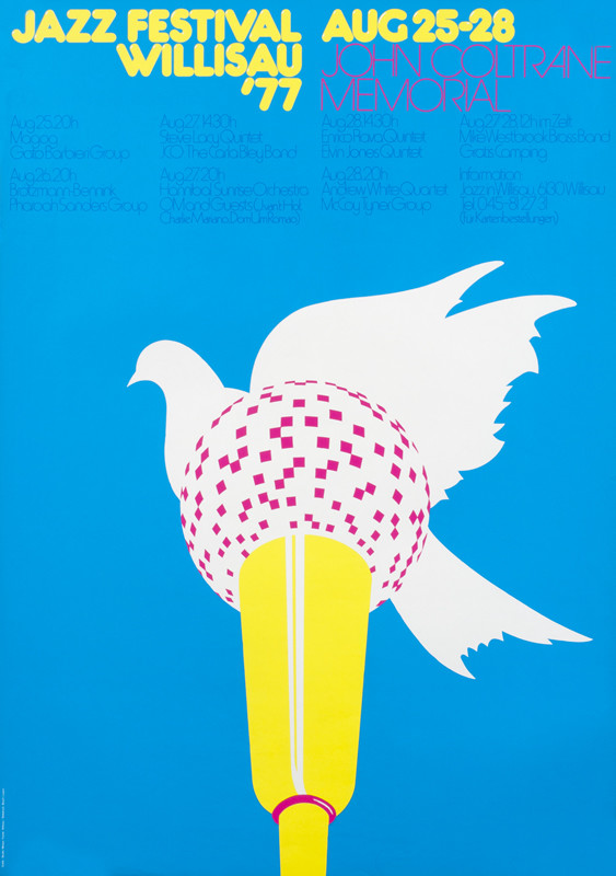 Dove on microphone; BLUE, YELLOW, PINK