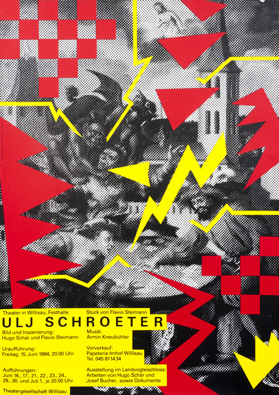 ABSTRACT DESIGNS OVER OLD PAINTING PHOTO; RED, YELLOW, B/W