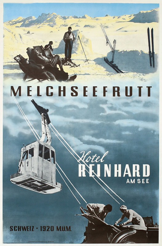 Skiers resting, gondola ascending mountain; blue, gray, white