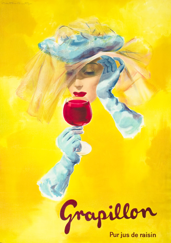 Elegant woman in hat and long glove with grape juice; yellow, blue, red