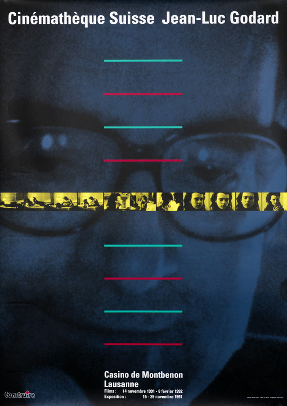 Film strip with Godard's face in background; black, red, yellow, green