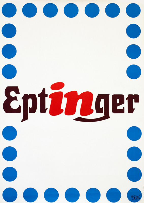 lettering with blue circles; white, blue, red, black