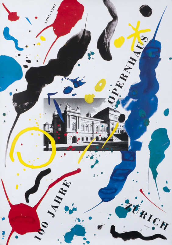 Photo of Zurich Operahaus and abstract splotches of color; blue, red, yellow, black