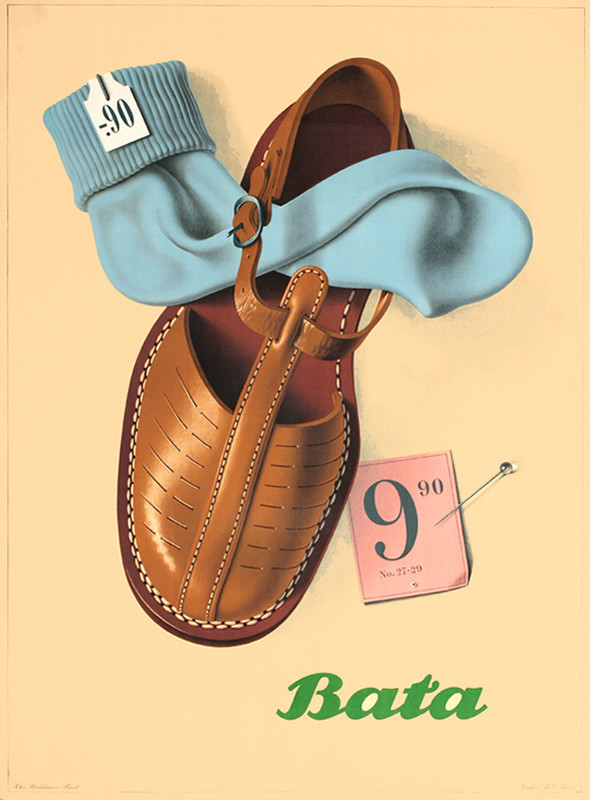 Shoe with sock threaded through it, price pinned next to shoe; brown, blue, pink, pastel