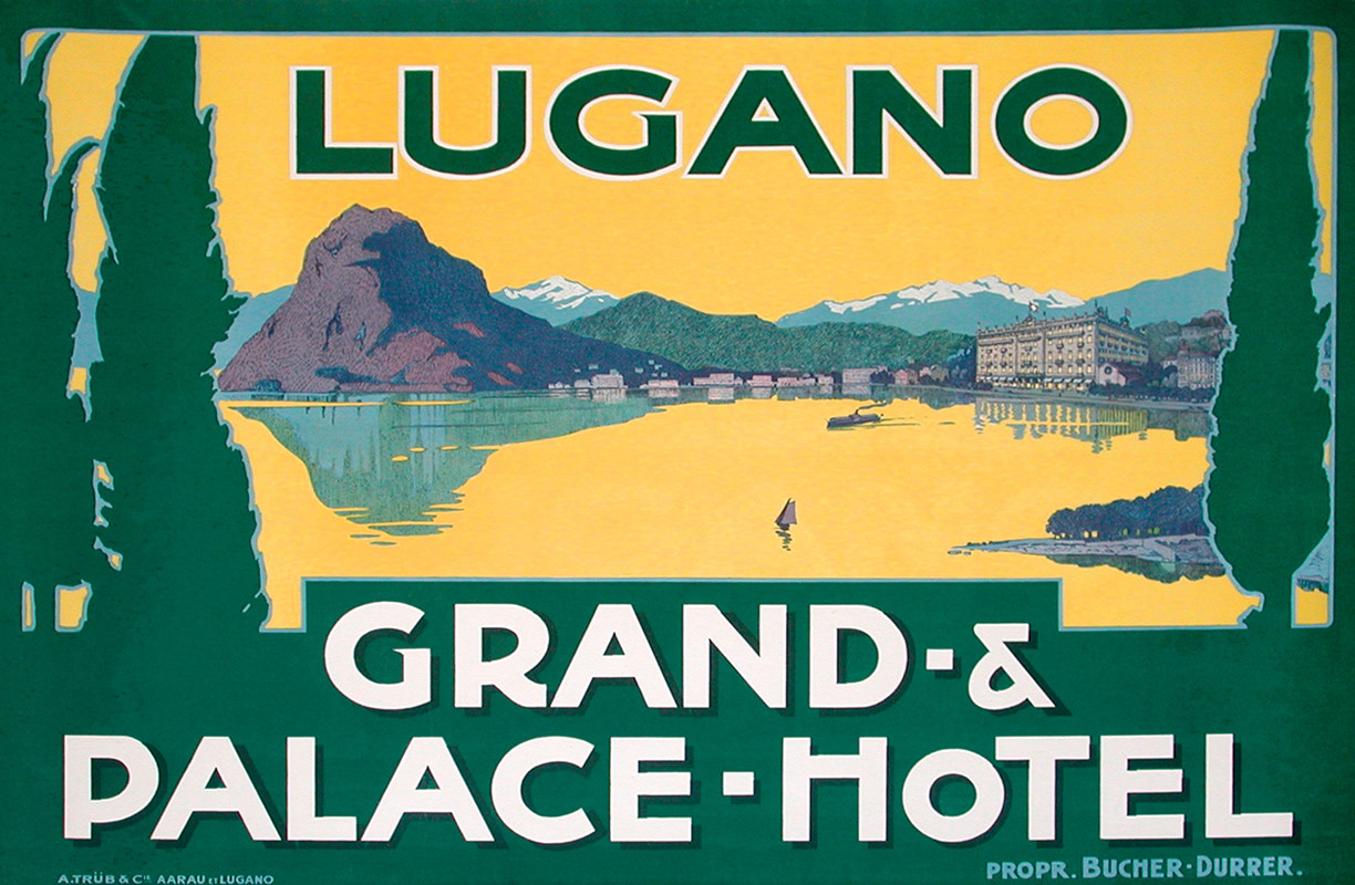 view of lake, mountain, hotel; green, yellow, purple