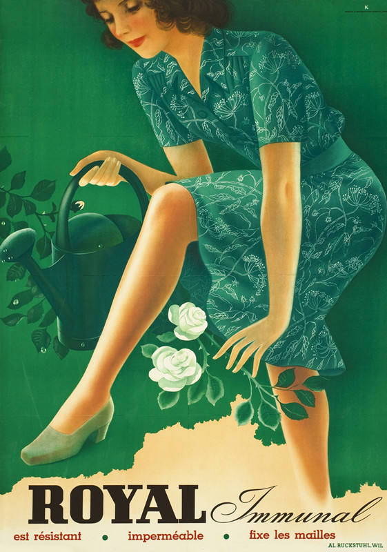 Woman in green dress with Royal nylons waters roses; green, peach, black