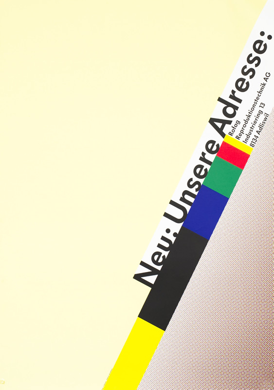 Yellow background with color band and new address listing; yellow, black, blue, green, red