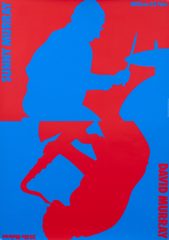 Negative/positive silhouettes of Sunny and David Murray; blue, red