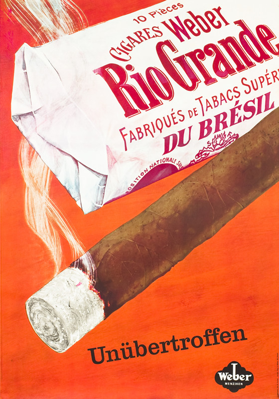Lit cigar in front of package; orange, brown, red