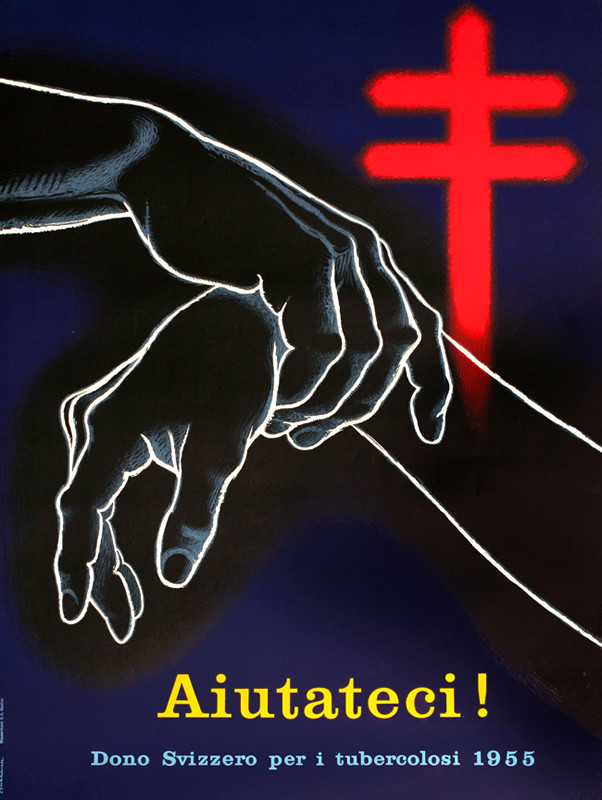 One hand holding up another in front a cross; purple, black, red, yellow