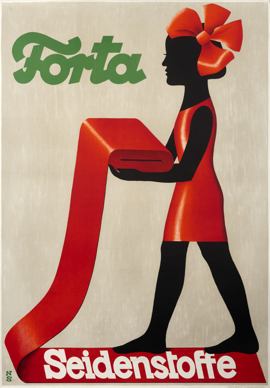 Girl in a red dress holding a roll of red material that has unravelled and fallen under her feet; red, black, green, white