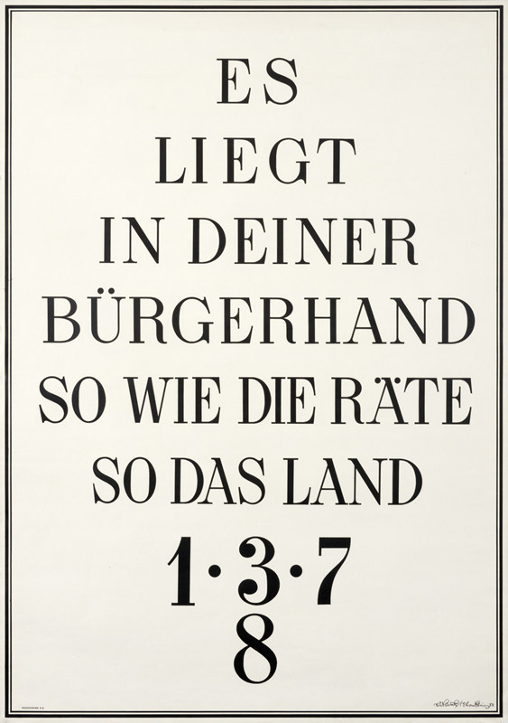 Black wording on cream background: "Es Liegt In Deiner Burgerhand So Wie Die Rate So Das Land"