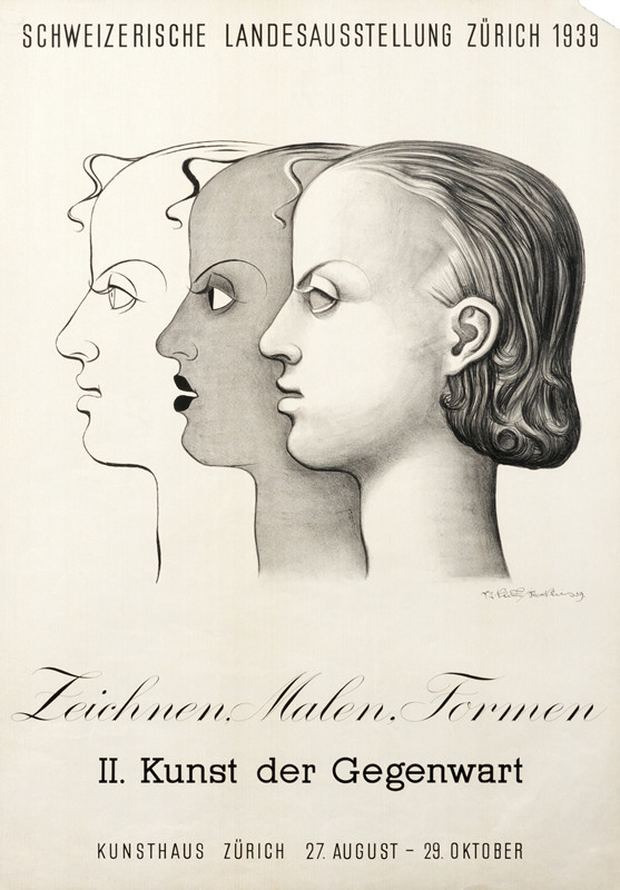 Three female heads facing left; Black, white, gray