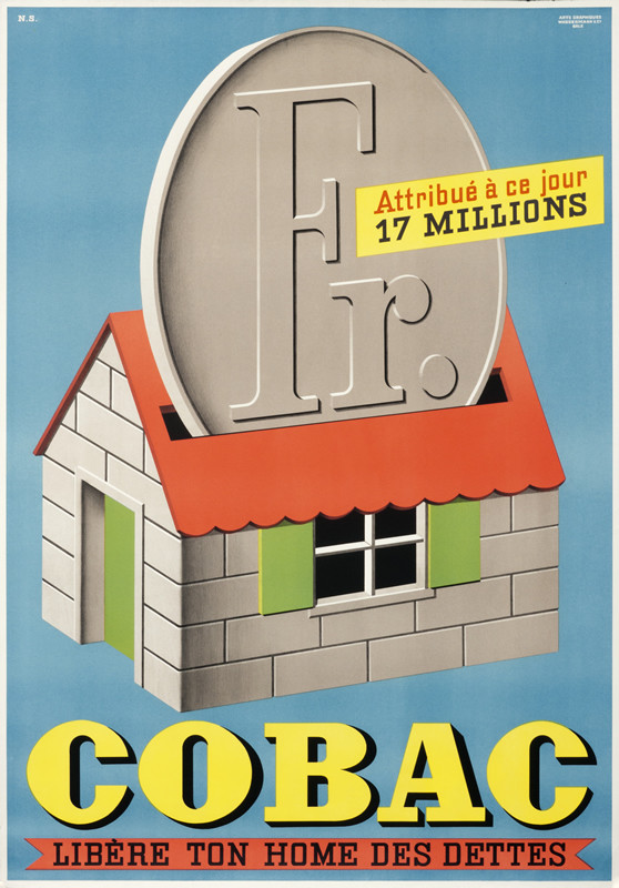 Coin being inserted into slot atop home; yellow, green, red, blue, gray