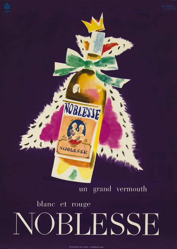 A bottle of Noblesse drapped in a kings robe and topped with a crown on a purple  background; yellow, white, pink and purple