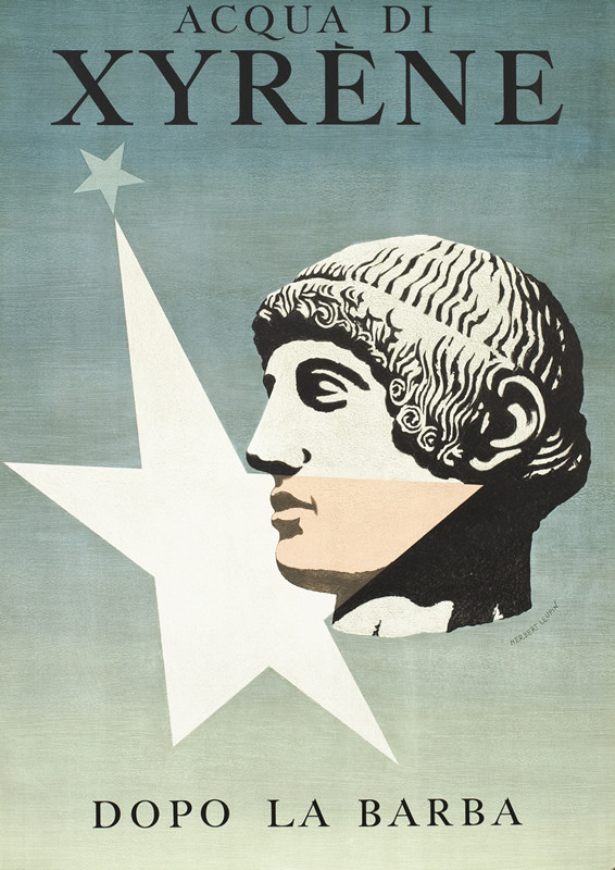 Greek statue head illuminated by a star; black, white, gray