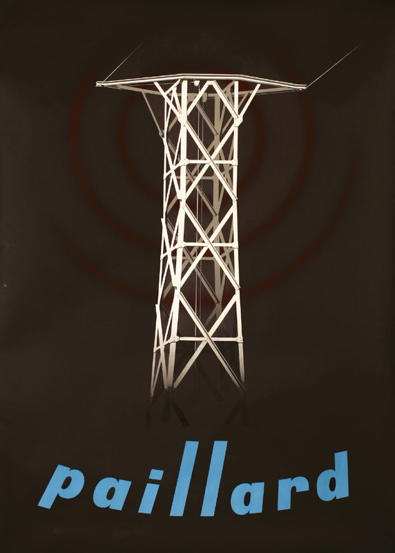 Electrical tower with a red swirl behind it; black white, blue