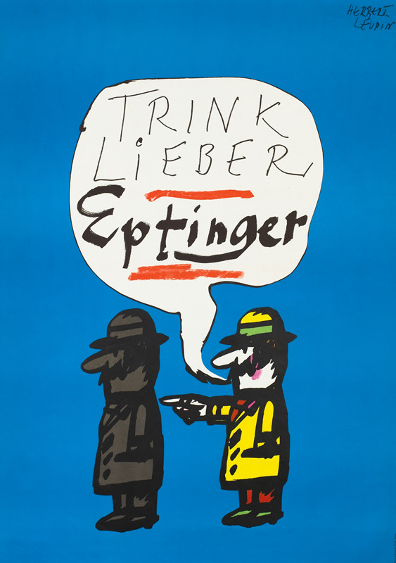 "Better drink Eptinger"  Man points to a gray man; blue background, yellow, gray, red, black