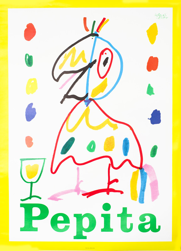 Cartoonlike parrot next to glass of bubbling Pepita; white background, red, green, yellow, pink & blue