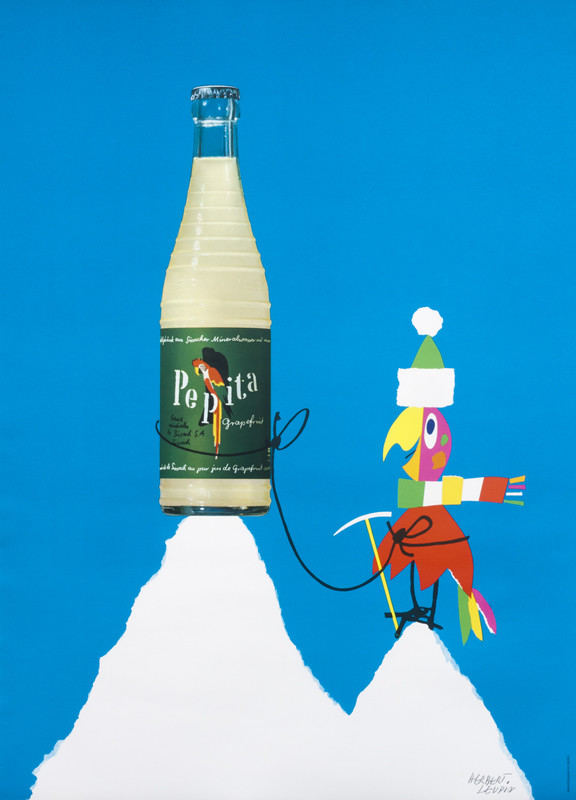 Parrot in winter gear mountain climbing to Pepita bottle at peak; blue, green, white, orange, pink, yellow