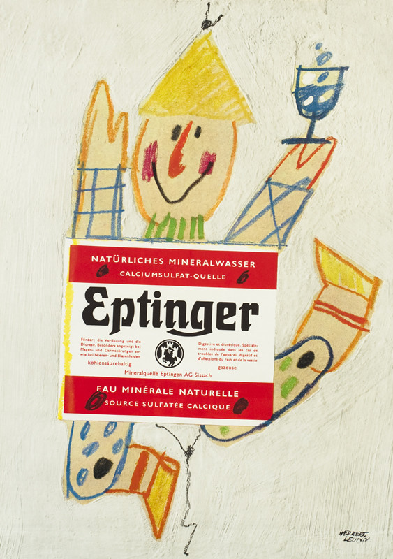 Eptinger label on torso of drawn clown, jumping, sparkling water glass in hand; white, red, yellow, blue, green